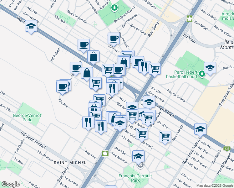 map of restaurants, bars, coffee shops, grocery stores, and more near 8013 21e Avenue in Montreal