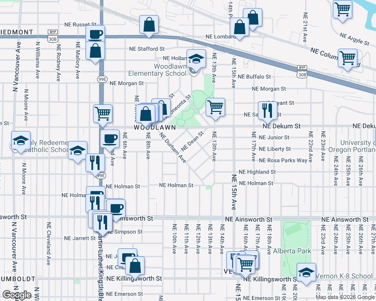 map of restaurants, bars, coffee shops, grocery stores, and more near 1136 Northeast Lenore Street in Portland
