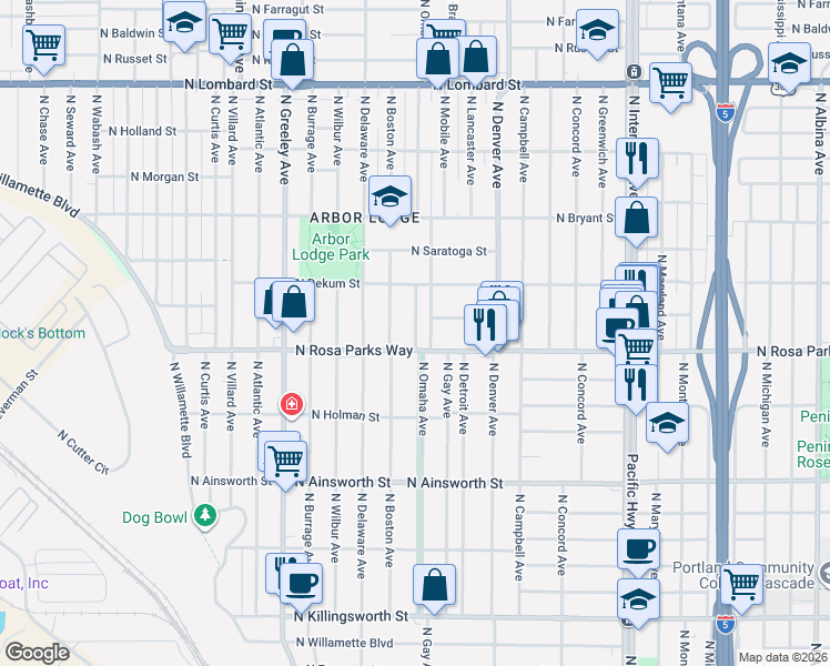 map of restaurants, bars, coffee shops, grocery stores, and more near 2055 North Tomahawk Island Drive in Portland