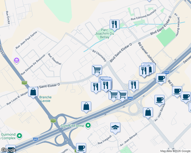 map of restaurants, bars, coffee shops, grocery stores, and more near 3460 Boulevard Saint-Elzéar Ouest in Laval