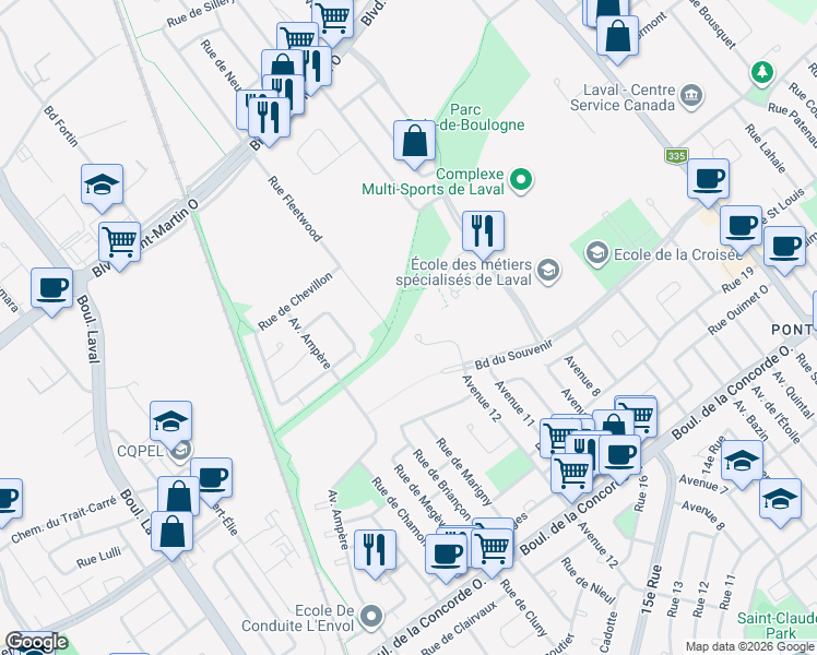 map of restaurants, bars, coffee shops, grocery stores, and more near 726 Place de Monaco in Laval
