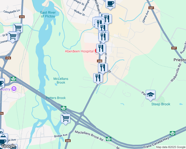 map of restaurants, bars, coffee shops, grocery stores, and more near 917 East River Road in New Glasgow