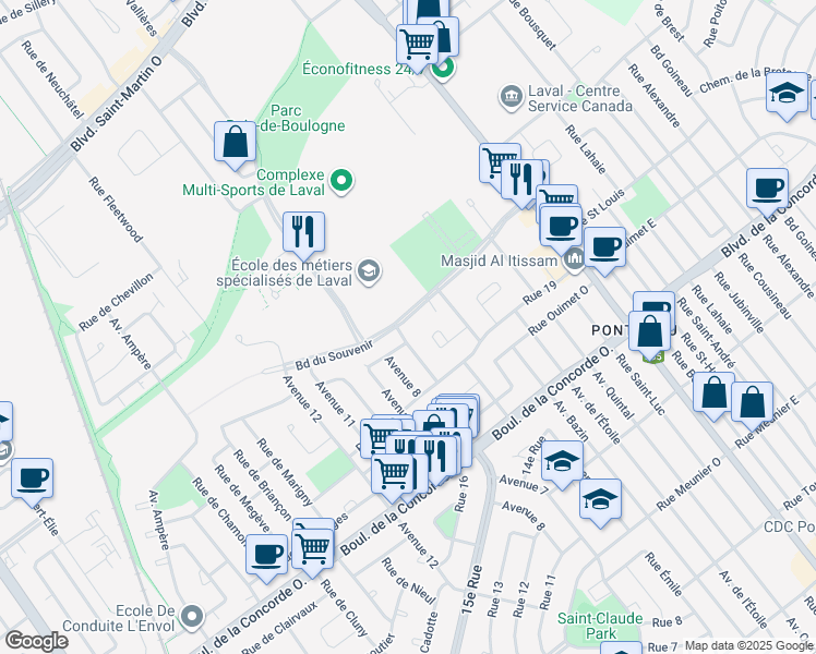 map of restaurants, bars, coffee shops, grocery stores, and more near 130 Boulevard du Souvenir in Laval