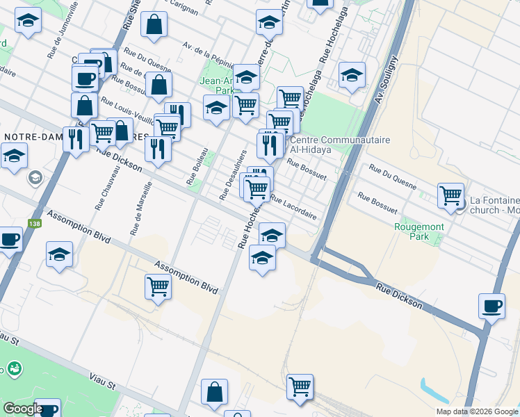map of restaurants, bars, coffee shops, grocery stores, and more near 2451 Rue Monsabré in Montréal
