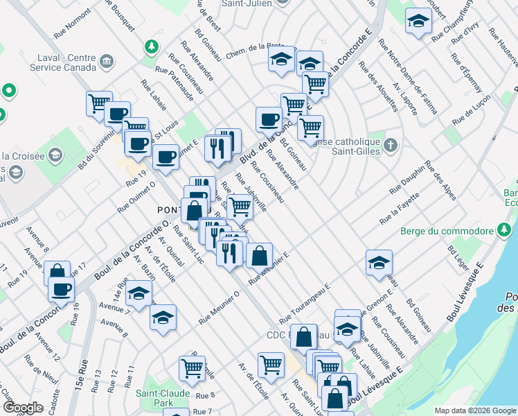 map of restaurants, bars, coffee shops, grocery stores, and more near 430 Rue Jubinville in Laval