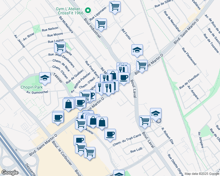 map of restaurants, bars, coffee shops, grocery stores, and more near 1454 Boulevard Saint-Martin Ouest in Laval