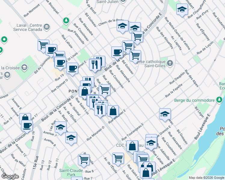map of restaurants, bars, coffee shops, grocery stores, and more near 430 Rue Jubinville in Laval