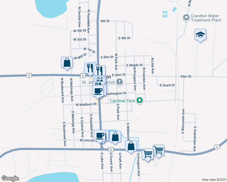 map of restaurants, bars, coffee shops, grocery stores, and more near 205 West Washington Street in Crandon