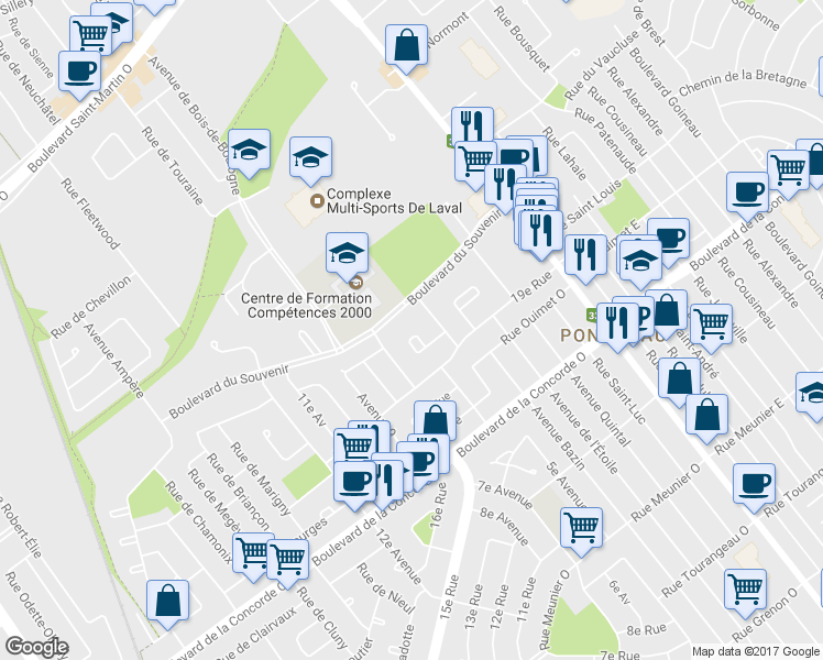 map of restaurants, bars, coffee shops, grocery stores, and more near 540 Place de Beaucaire in Laval