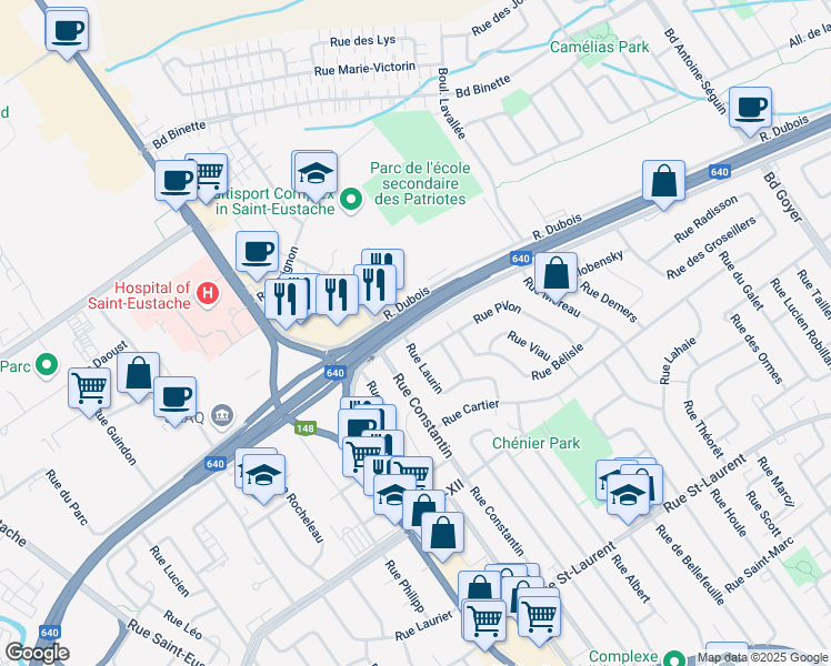 map of restaurants, bars, coffee shops, grocery stores, and more near 101 Rue Hector-Lanthier in Saint-Eustache