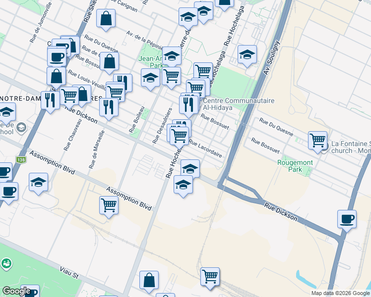 map of restaurants, bars, coffee shops, grocery stores, and more near 2451 Rue Monsabré in Montréal