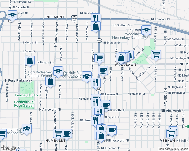 map of restaurants, bars, coffee shops, grocery stores, and more near 6454 Northeast Garfield Avenue in Portland