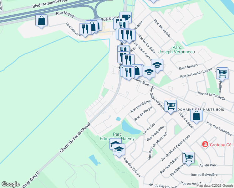 map of restaurants, bars, coffee shops, grocery stores, and more near 125 Rue Jacquelin Beaulieu in Sainte-Julie