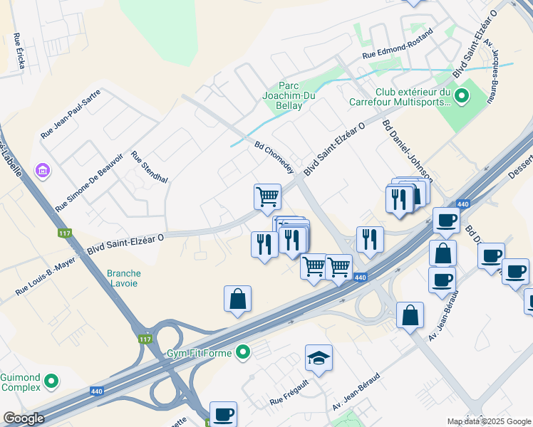 map of restaurants, bars, coffee shops, grocery stores, and more near 3460 Boulevard Saint-Elzéar Ouest in Laval