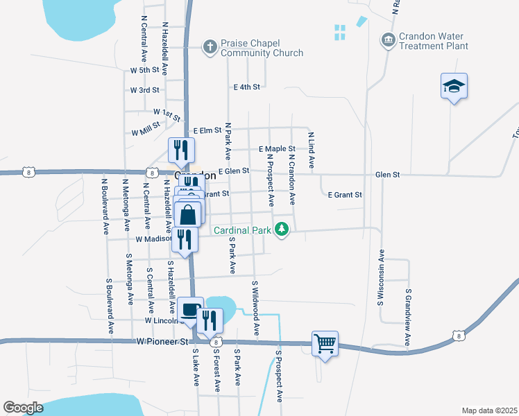 map of restaurants, bars, coffee shops, grocery stores, and more near 100 North Wildwood Avenue in Crandon