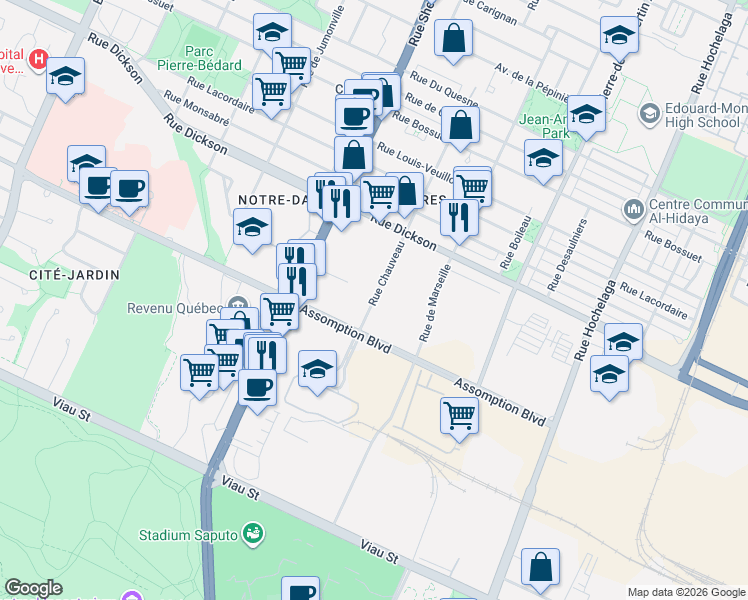 map of restaurants, bars, coffee shops, grocery stores, and more near 5521 Rue Chauveau in Montréal