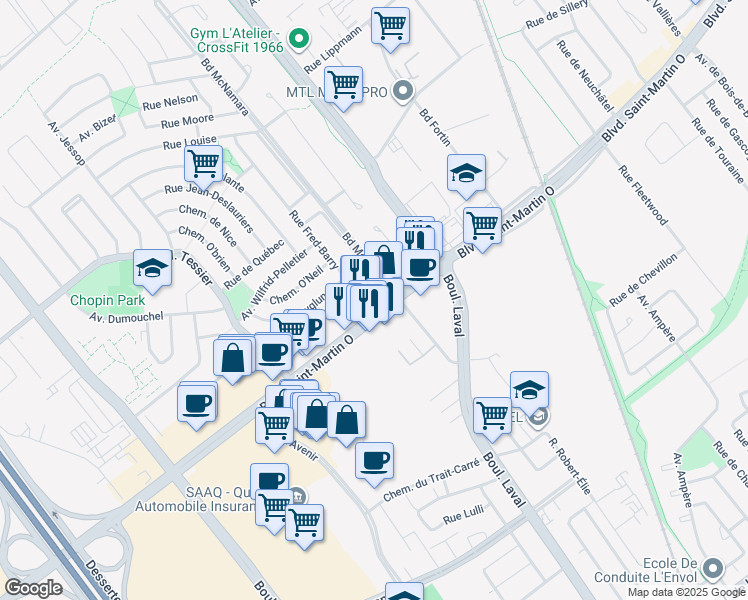 map of restaurants, bars, coffee shops, grocery stores, and more near 1454 Boulevard Saint-Martin Ouest in Laval