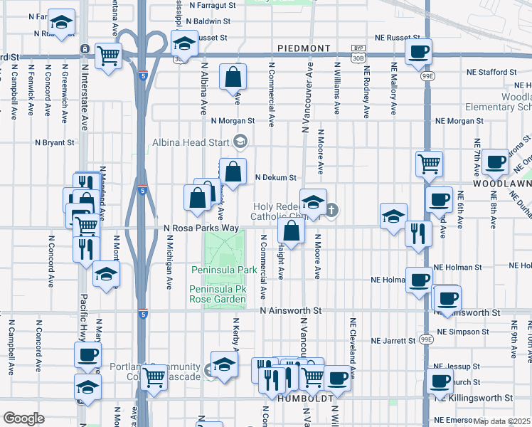 map of restaurants, bars, coffee shops, grocery stores, and more near 531 North Rosa parks Way in Portland
