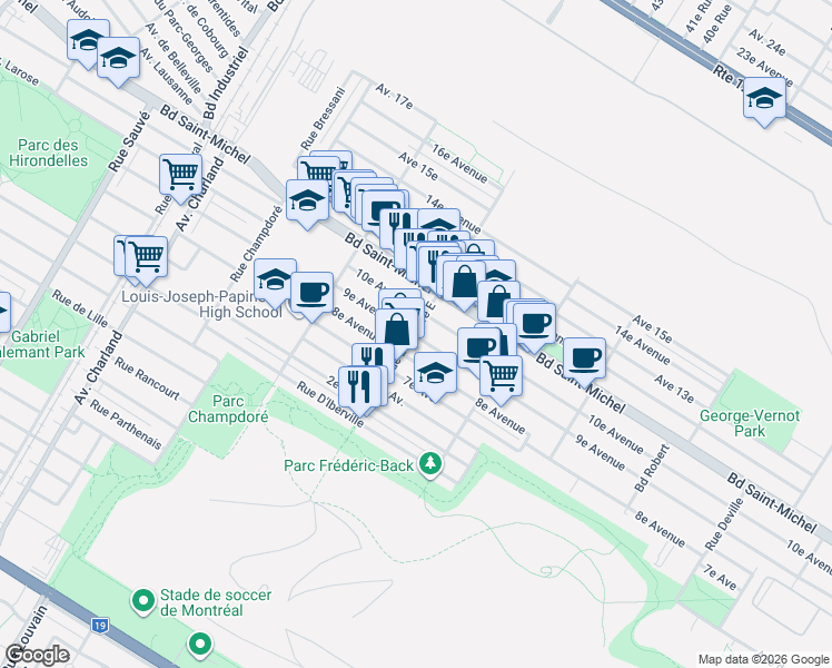 map of restaurants, bars, coffee shops, grocery stores, and more near 9029 9e Avenue in Montréal
