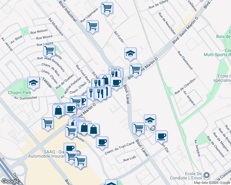 map of restaurants, bars, coffee shops, grocery stores, and more near in Laval