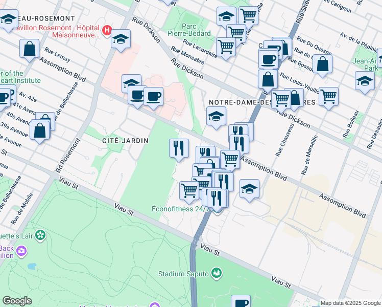 map of restaurants, bars, coffee shops, grocery stores, and more near 5000 Boulevard de l'Assomption in Montréal