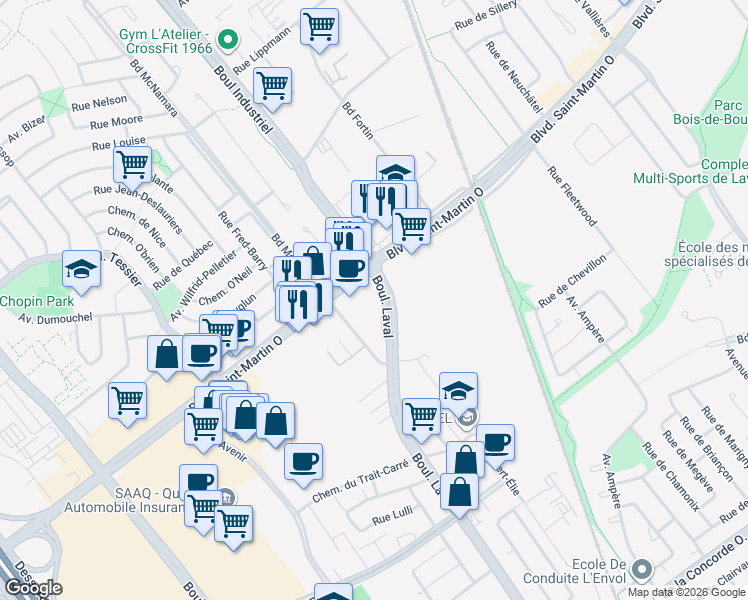 map of restaurants, bars, coffee shops, grocery stores, and more near 1700 Boulevard Laval in Laval