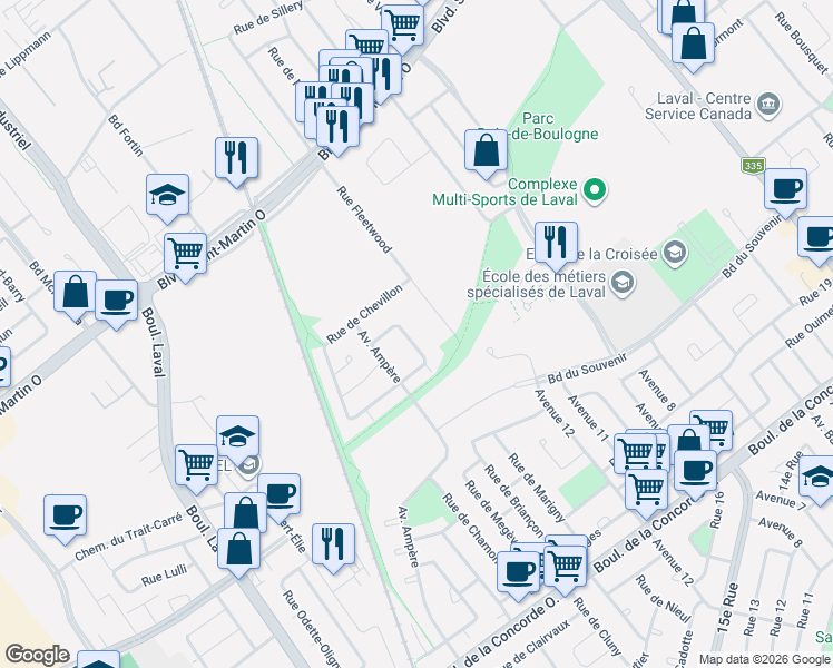 map of restaurants, bars, coffee shops, grocery stores, and more near 552 Rue de Périgueux in Laval