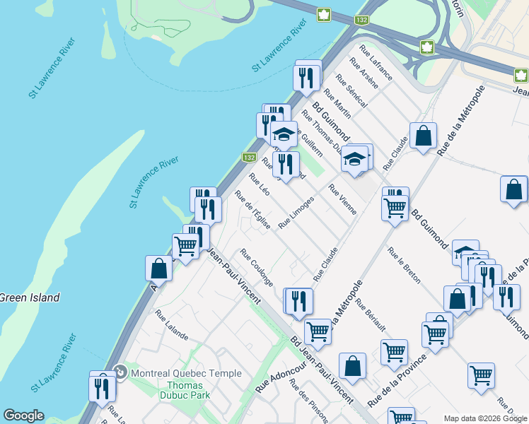 map of restaurants, bars, coffee shops, grocery stores, and more near 95 Rue de l'Église in Longueuil