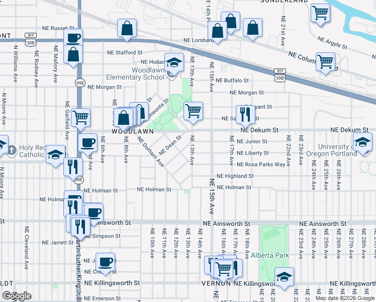map of restaurants, bars, coffee shops, grocery stores, and more near 6402 Northeast Bellevue Avenue in Portland