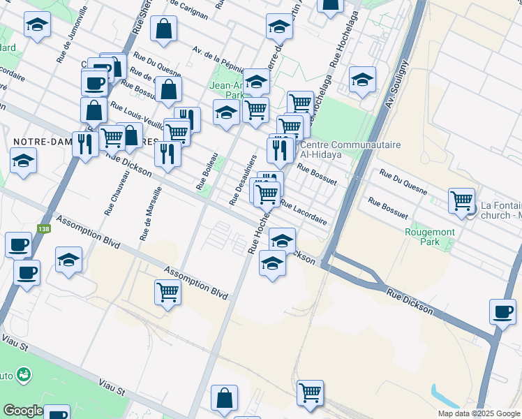 map of restaurants, bars, coffee shops, grocery stores, and more near 2520 Rue Monsabré in Montreal