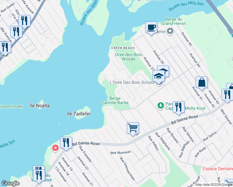 map of restaurants, bars, coffee shops, grocery stores, and more near 4360 Rue du Catamaran in Laval
