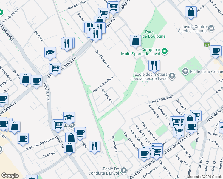 map of restaurants, bars, coffee shops, grocery stores, and more near 517 Rue de Périgueux in Laval
