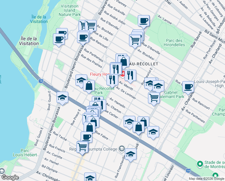 map of restaurants, bars, coffee shops, grocery stores, and more near 2050 Rue Fleury Est in Montréal