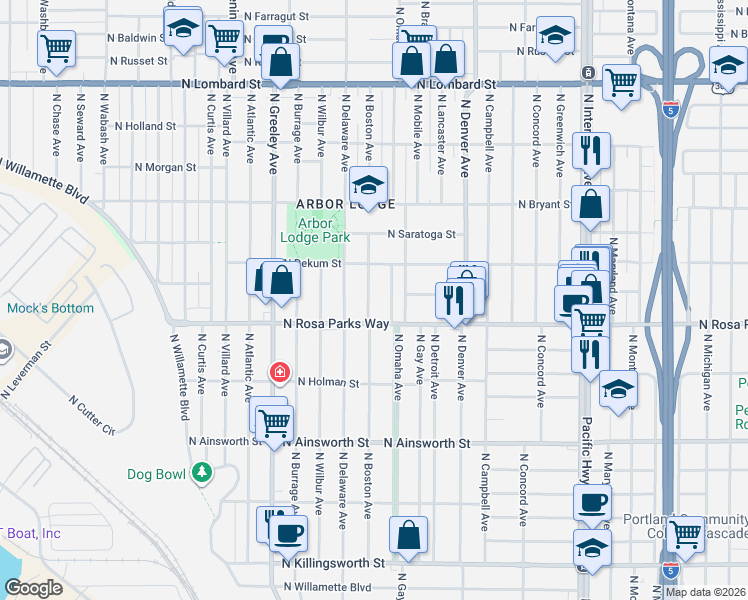 map of restaurants, bars, coffee shops, grocery stores, and more near 6544 North Boston Avenue in Portland