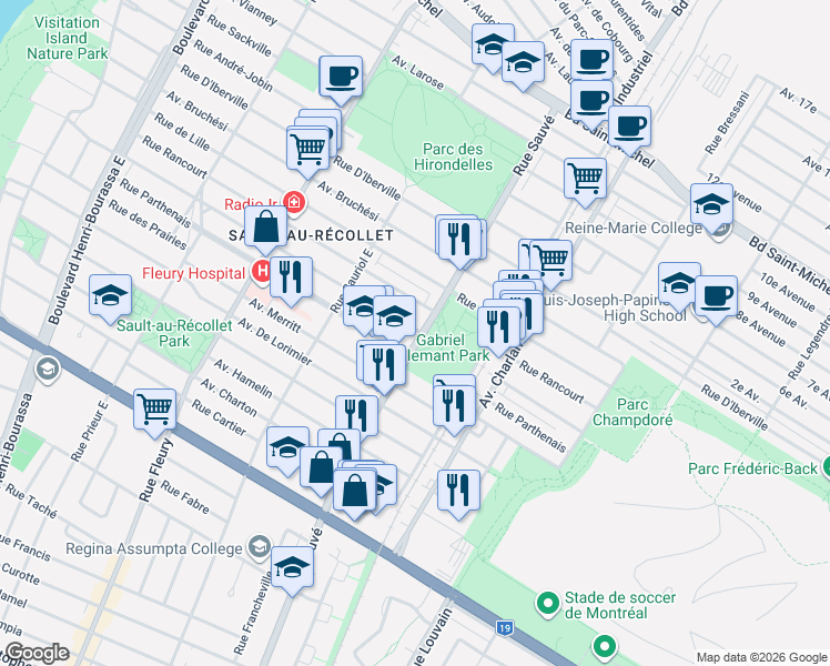 map of restaurants, bars, coffee shops, grocery stores, and more near 9814 Rue de Martigny in Montréal