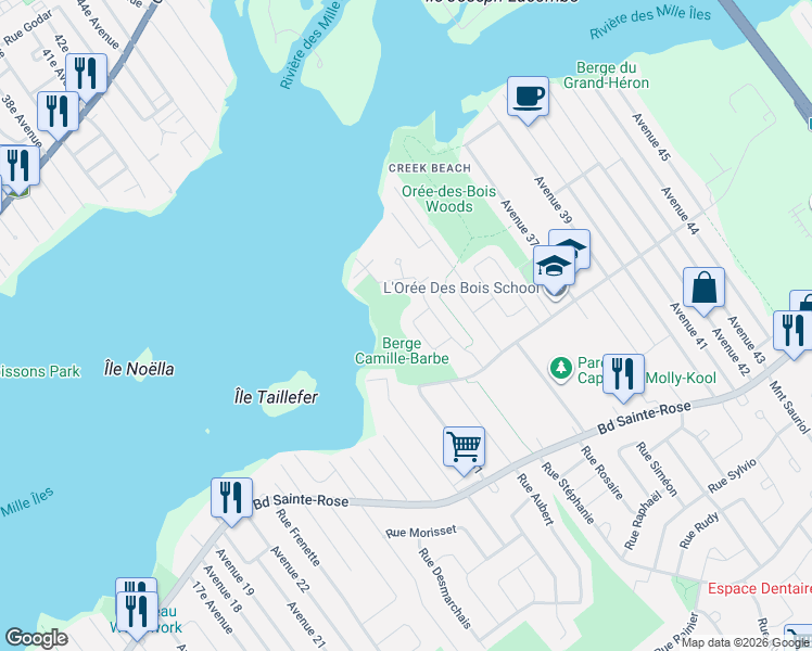 map of restaurants, bars, coffee shops, grocery stores, and more near 4360 Rue du Catamaran in Laval