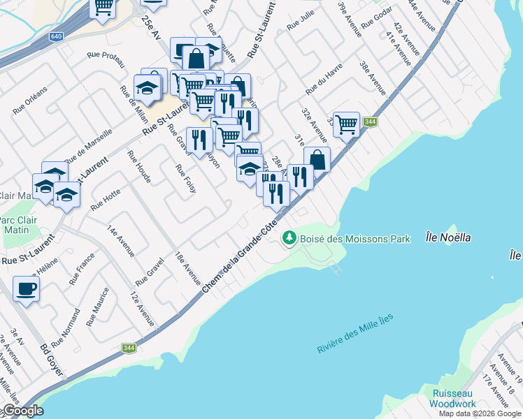 map of restaurants, bars, coffee shops, grocery stores, and more near 114 25e Avenue in Saint-Eustache
