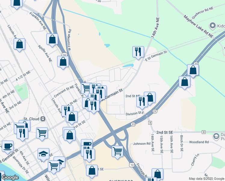 map of restaurants, bars, coffee shops, grocery stores, and more near 1027 East Saint Germain Street in St. Cloud