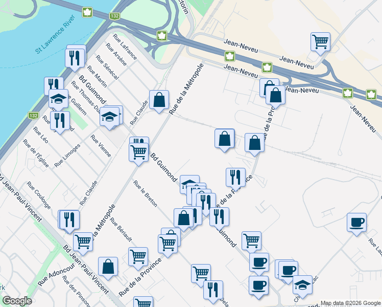 map of restaurants, bars, coffee shops, grocery stores, and more near 2320 Rue Garneau in Longueuil