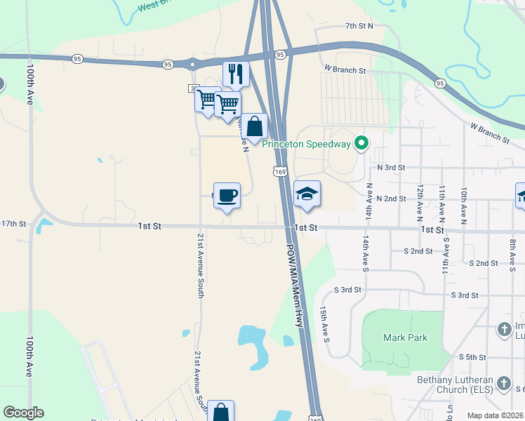 map of restaurants, bars, coffee shops, grocery stores, and more near 101 18th Avenue North in Princeton