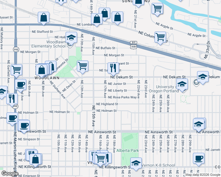 map of restaurants, bars, coffee shops, grocery stores, and more near 1731 Northeast Liberty Street in Portland