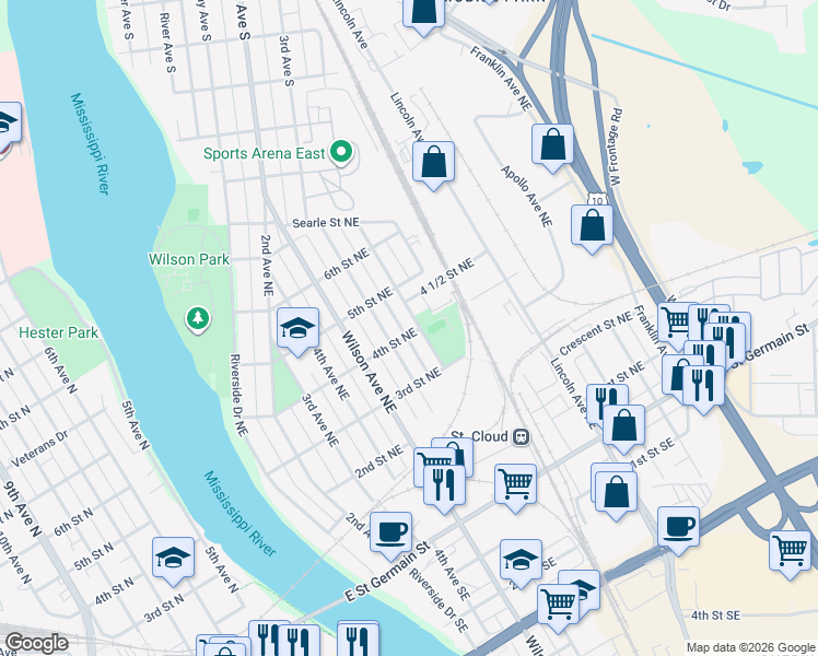 map of restaurants, bars, coffee shops, grocery stores, and more near 403 Raymond Avenue Northeast in Saint Cloud