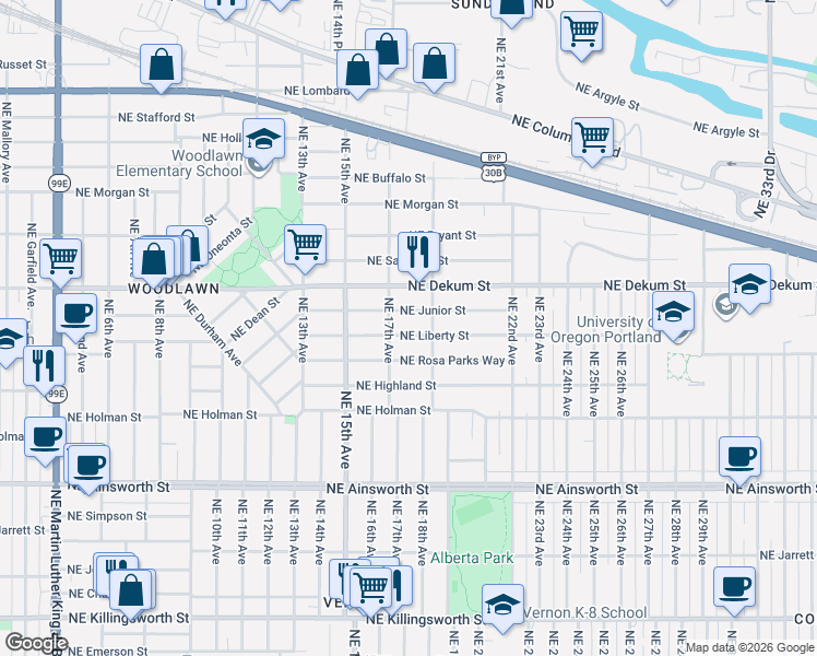 map of restaurants, bars, coffee shops, grocery stores, and more near 1741 Northeast Rosa Parks Way in Portland