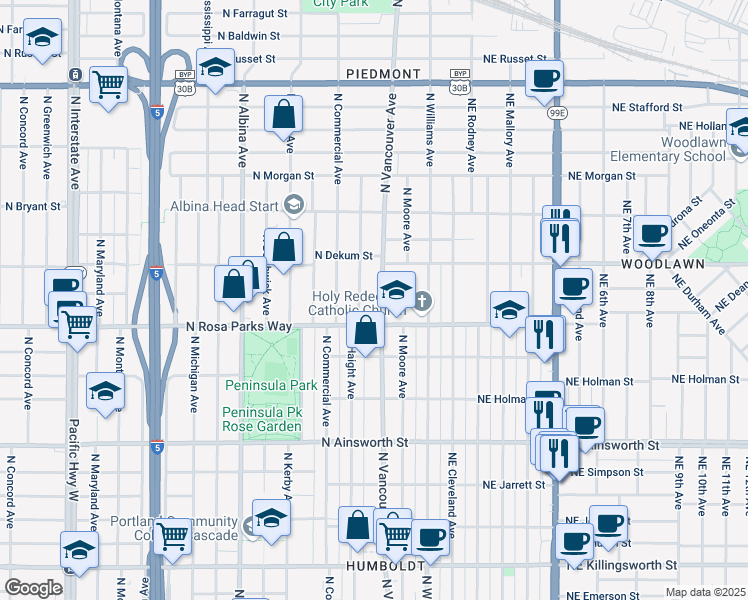 map of restaurants, bars, coffee shops, grocery stores, and more near 134 North Rosa parks Way in Portland
