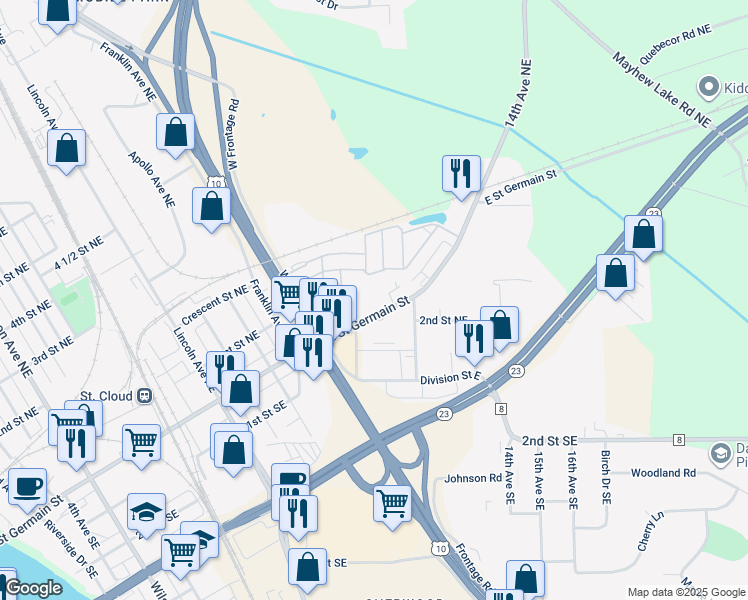 map of restaurants, bars, coffee shops, grocery stores, and more near 1034 East Saint Germain Street in St. Cloud
