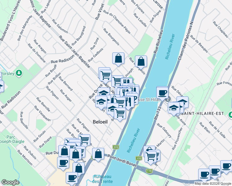 map of restaurants, bars, coffee shops, grocery stores, and more near 910 Rue Guertin in Beloeil
