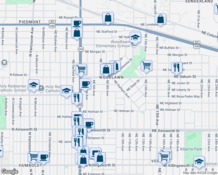 map of restaurants, bars, coffee shops, grocery stores, and more near 6552 Northeast 8th Avenue in Portland