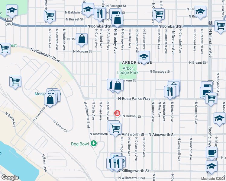 map of restaurants, bars, coffee shops, grocery stores, and more near 6613 North Greeley Avenue in Portland