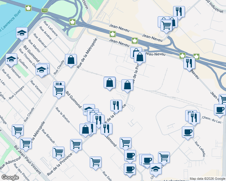 map of restaurants, bars, coffee shops, grocery stores, and more near 687 Rue Giffard in Longueuil