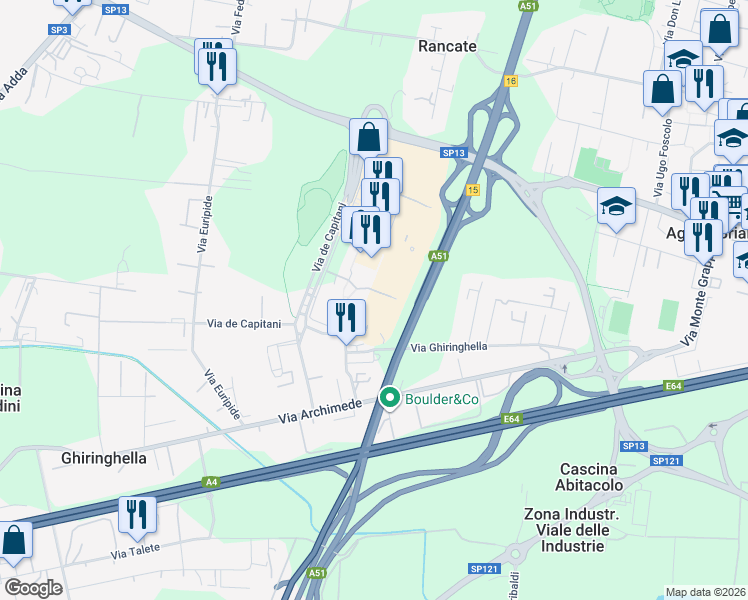 map of restaurants, bars, coffee shops, grocery stores, and more near 22 Via Paracelso in Agrate Brianza